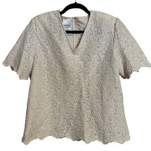 Vintage Fashion Bug Beaded Metallic Lace Cream Silver Bridal Blouse Top Size 16